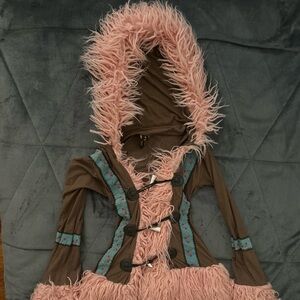 J. Valentine Faux Fur Trim Hooded Jacket with Floral Trim - Pink & Brown Costume